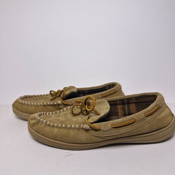 Jos A Bank Suede Moccasin Fur Plaid Lining Slipper Brown Tan Pajama Shoes Men 12 - Picture 2 of 13